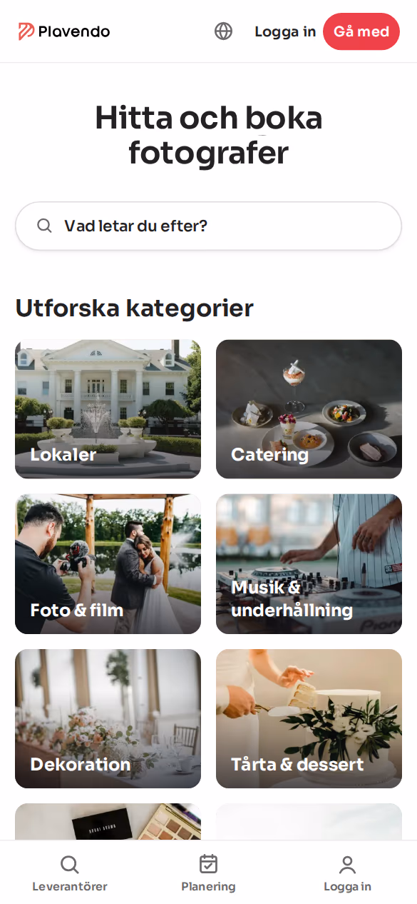 Plavendos startsida i mobilen